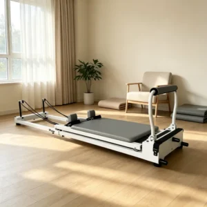 Foldable pilates reformers: are they worth it for commercial studios? 1 Megacore t07 pilates reformer in folded position showing compact storage for studio space optimization