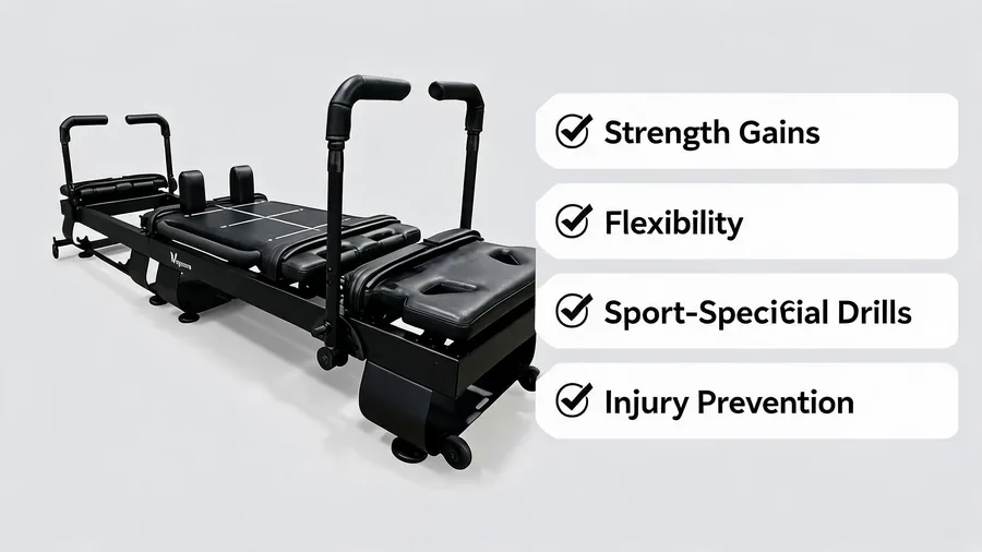 Pilates reformer for athletes: strength, flexibility, and performance gains 2 Athlete reformer training infographic with strength and performance points