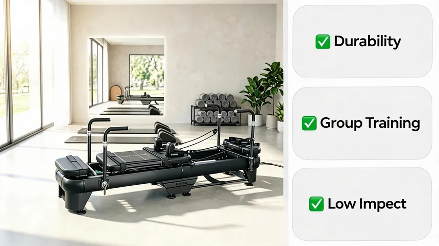 Pilates reformers for cross-training: gyms, sports teams, and athletic facilities 2 Pilates reformers for sports teams infographic: durability, group training, low impact