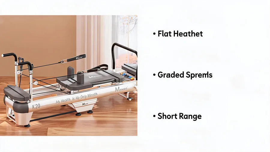 Pilates reformer for back pain: how it helps & how to set it up 2 Three reformer setup points for a sensitive back: flat headrest, graded springs, short range