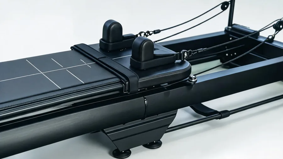 Pilates reformer for back pain: how it helps & how to set it up 1 Adjustable headrest and padded carriage on a reformer used for back care