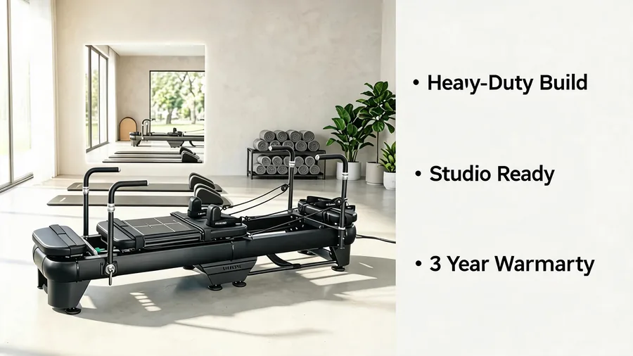 Why megacore is the best pilates reformer for studios 2 Best pilates reformer for studios infographic: heavy-duty build, studio ready, warranty