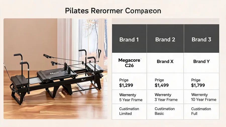 Megacore vs balanced body vs merrithew: which commercial reformer wins? 2 Megacore vs balanced body vs merrithew specification comparison infographic