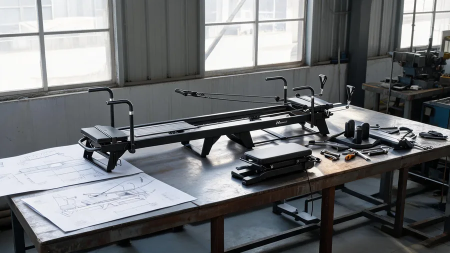 Partially assembled reformer frame on a workbench in a bright workshop