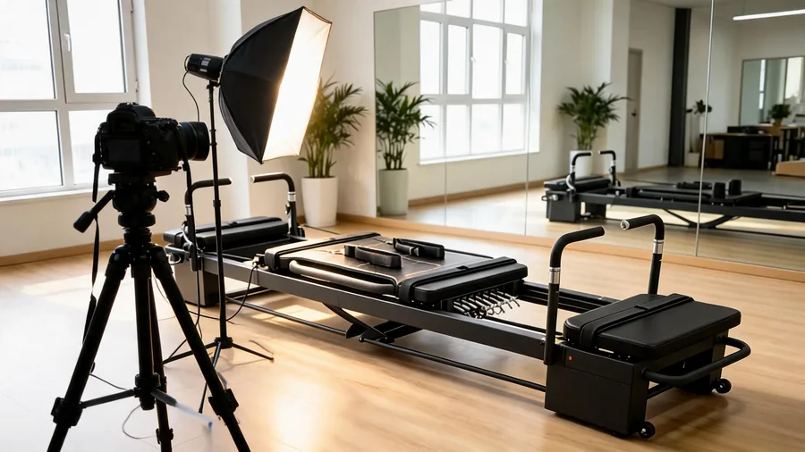 Pilates reformer youtube setup: complete guide to filming studio classes 1 Camera tripod and softbox lighting aimed at a k30 reformer in a pilates filming studio