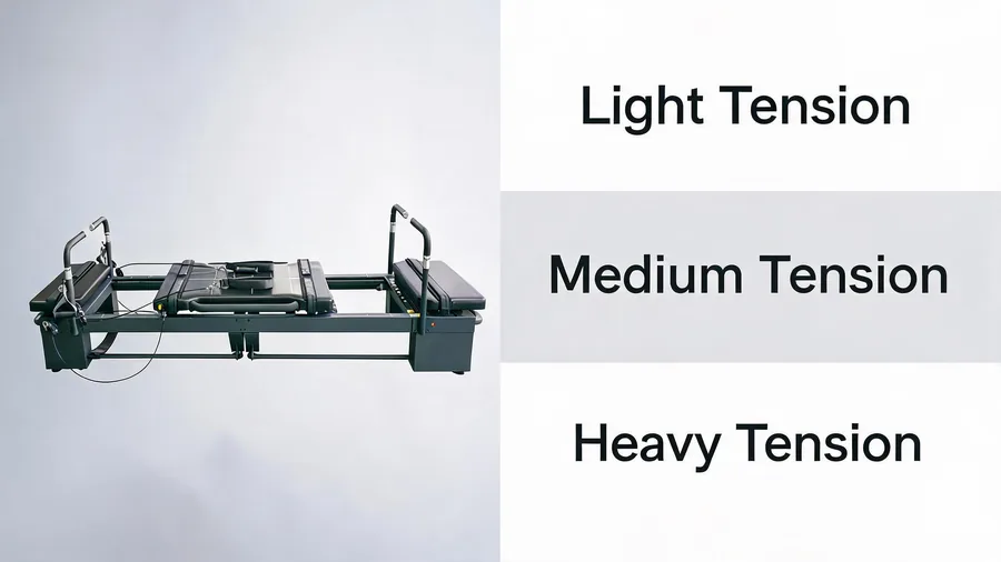 Pilates reformer carriage friction: complete guide to adjusting smoothness 2 Carriage friction settings infographic for pilates reformer covering light, medium and heavy tension