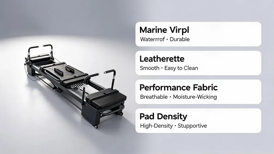 Pilates reformer carriage pad: choosing the right fabric upholstery material 2 Reformer carriage pad materials infographic with vinyl and fabric options