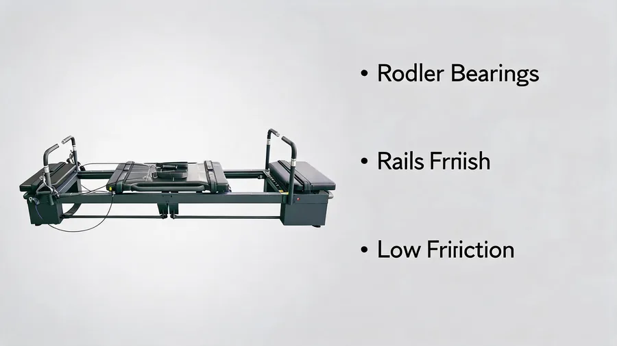 Pilates reformer carriage systems: roller bearings vs friction-free design 2 Pilates reformer carriage systems infographic: roller bearings, rail finish, low friction