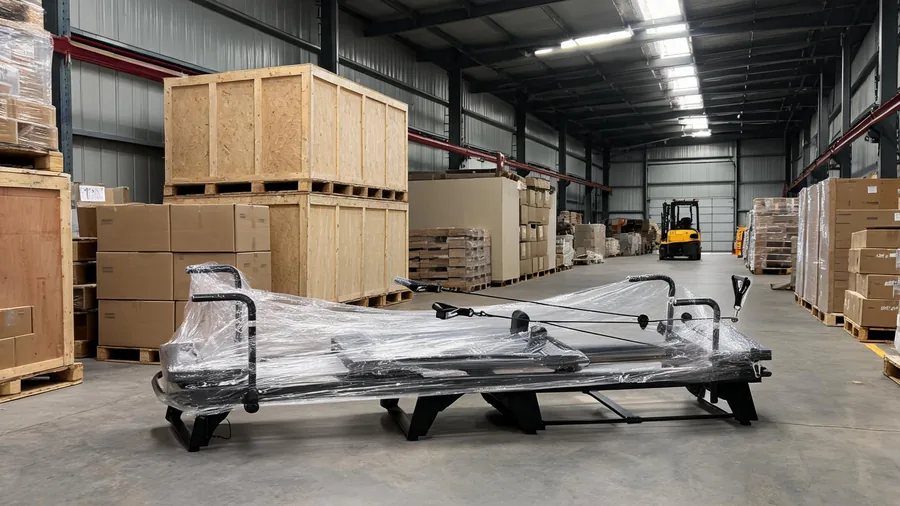 China pilates reformer manufacturer guide: how to find and evaluate factories 1 C26 commercial pilates reformer wrapped for export shipping beside wooden crates in a china factory