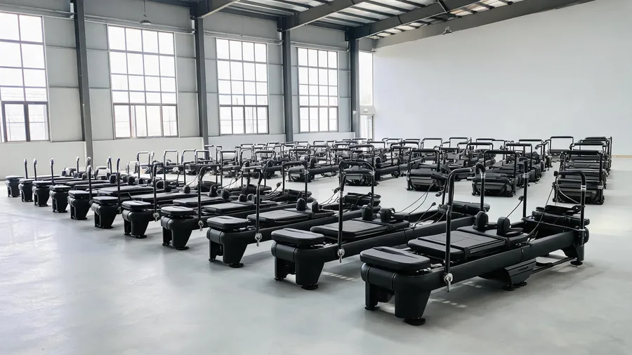 Rows of K38 commercial pilates reformers on a clean factory floor in China during final assembly