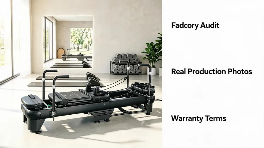 China pilates reformer manufacturer guide: how to find and evaluate factories 2 Infographic for vetting a china pilates reformer manufacturer covering factory audit, production photos and warranty terms