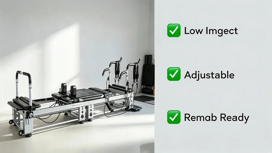 Pilates reformer for chiropractic clinics: equipment guide for pt practices 2 Pilates reformer for chiropractic clinics infographic: low impact, adjustable, rehab ready