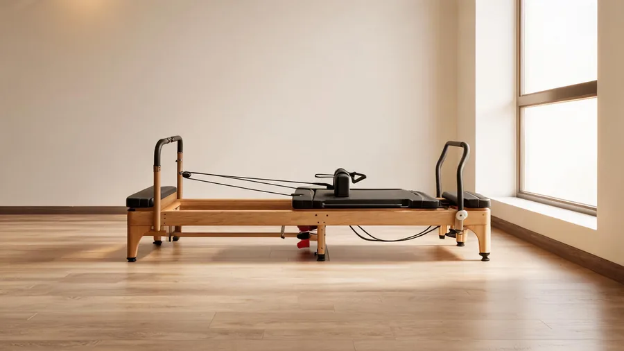 Classical pilates reformer with a fixed wooden frame in a traditional studio