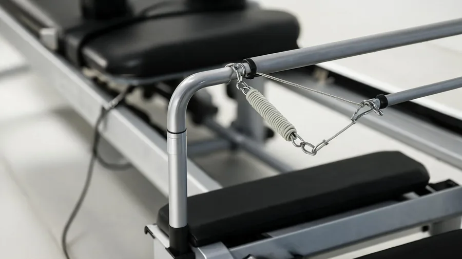 Pilates reformer for physical therapy: when and how to use it 1 Close-up of a k11 clinical reformer spring bar set to a light rehabilitation resistance