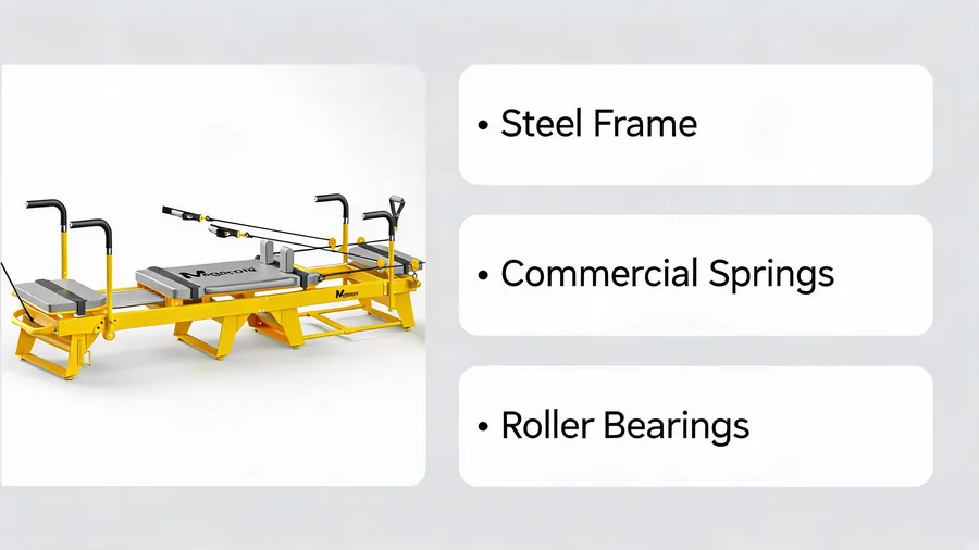 The best pilates reformers for commercial use: steel, springs, and durability 2 Commercial pilates reformer features infographic: steel frame, springs, roller bearings