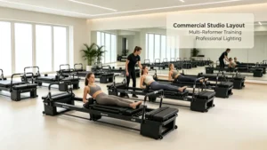 Commercial pilates reformer cost: complete price breakdown 1 Multiple k30 reformers arranged in a bright commercial pilates training area