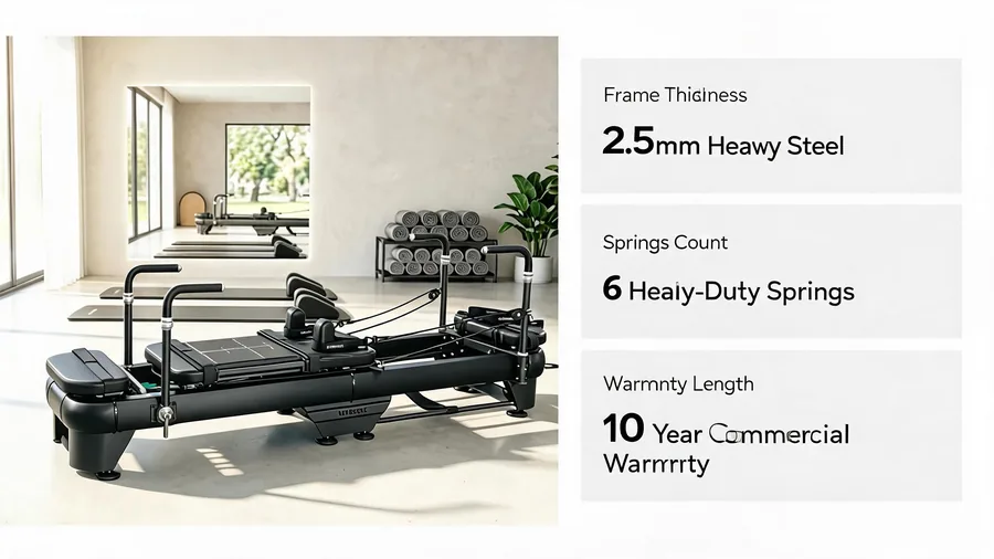Commercial vs residential pilates reformers: key differences 2 Commercial vs residential pilates reformer infographic covering frame thickness, spring count and warranty