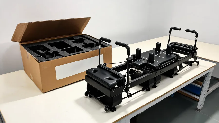 Private label pilates reformers: start your own brand in 2026 1 Custom branded packaging and foam inserts beside a k34 pilates reformer for private label orders