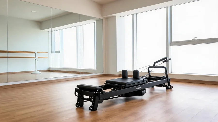K34 commercial reformer in a bright dance studio with mirrored wall and ballet barre