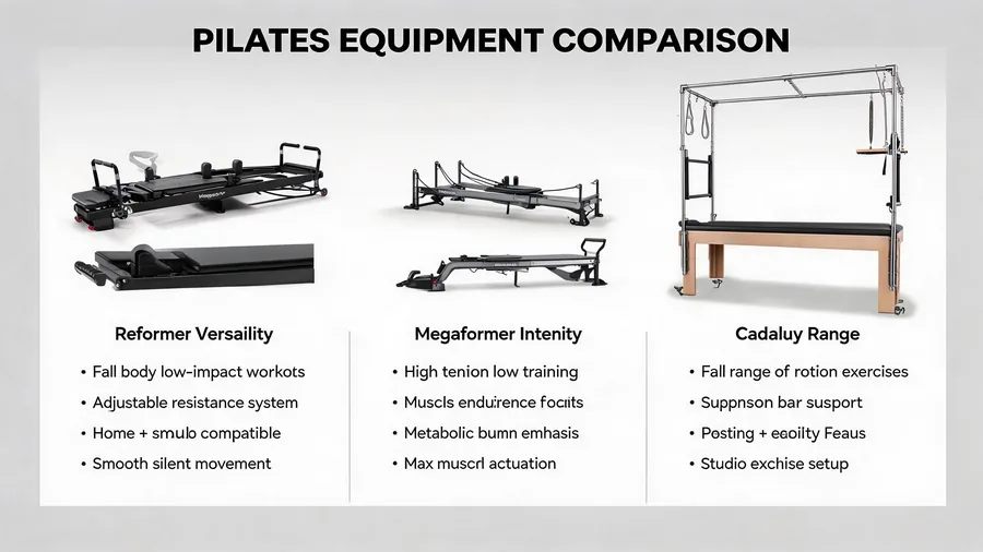 Pilates reformer vs megaformer vs cadillac: equipment comparison for studio owners 2 Reformer vs megaformer vs cadillac comparison infographic for studio equipment
