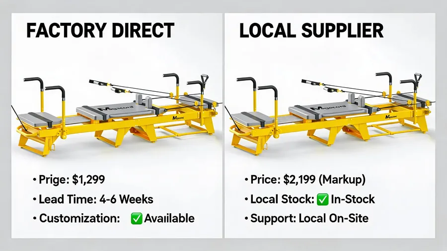 China pilates equipment factory vs local supplier: which is better for your studio? 2 Factory direct vs local supplier comparison infographic for pilates equipment