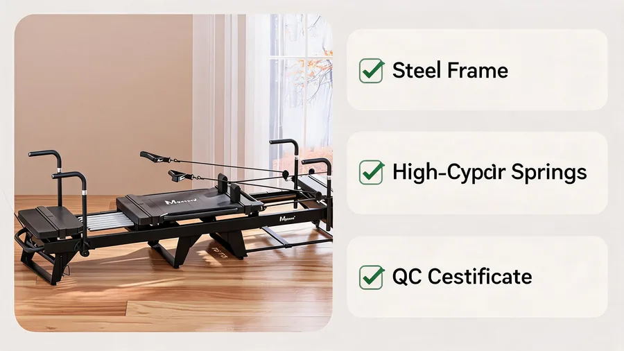 Commercial pilates reformers from china: factory selection and quality guide 2 Commercial reformer factory selection criteria infographic with frame, springs and inspection points