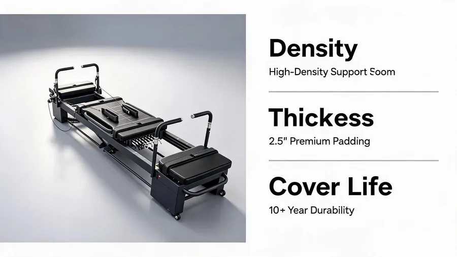 Pilates reformer foam padding: comfort keeps clients 2 Pilates reformer foam padding infographic: density, thickness, cover life