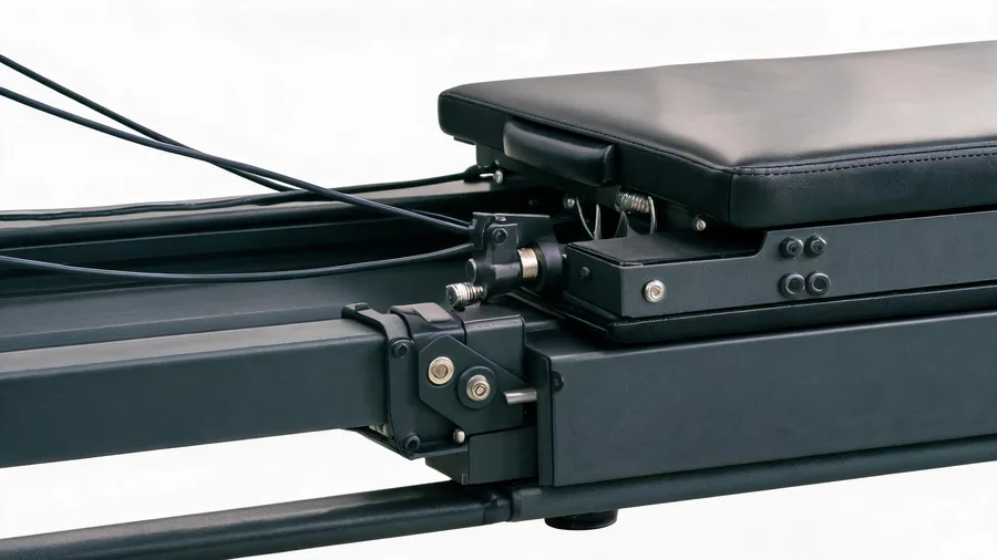 Foldable vs fixed pilates reformer: which is right for you? 1 Detail of a foldable reformer hinge and locking mechanism