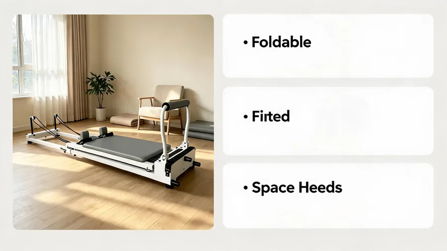 Foldable vs fixed pilates reformer: which is right for you? 2 Foldable vs fixed pilates reformer infographic: foldable, fixed, space needs