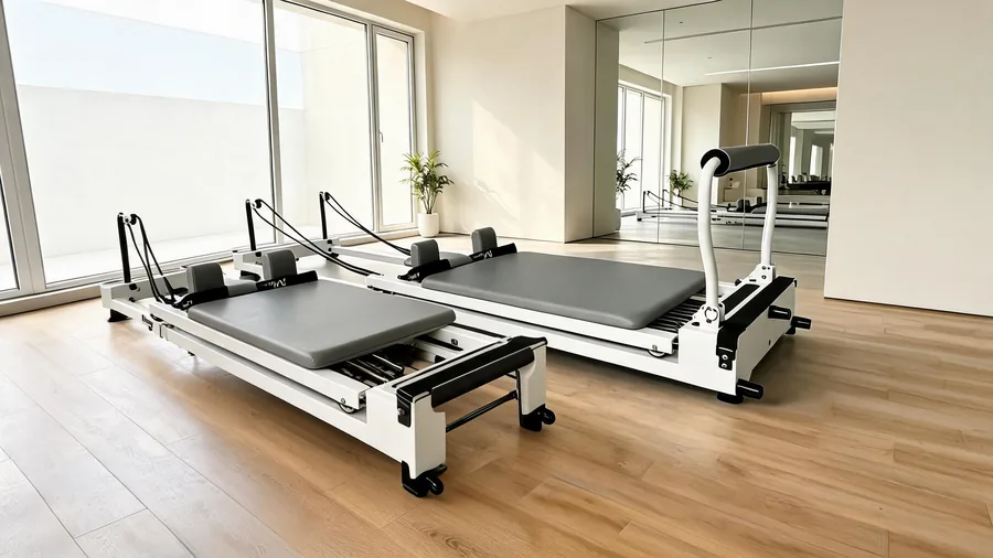 T07 foldable reformer beside a fixed reformer in a bright studio