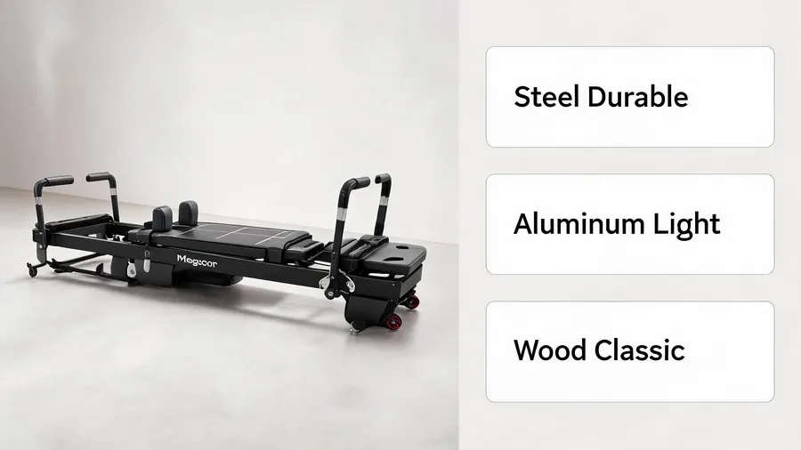 Pilates reformer frame materials: steel vs aluminum vs wood durability comparison 2 Reformer frame materials infographic comparing steel, aluminum and wood