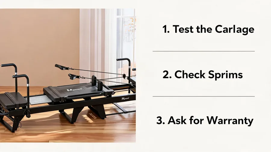 Guangzhou showroom: complete buyer guide for pilates studio owners 2 Guangzhou showroom visit checklist infographic covering carriage test, springs and warranty