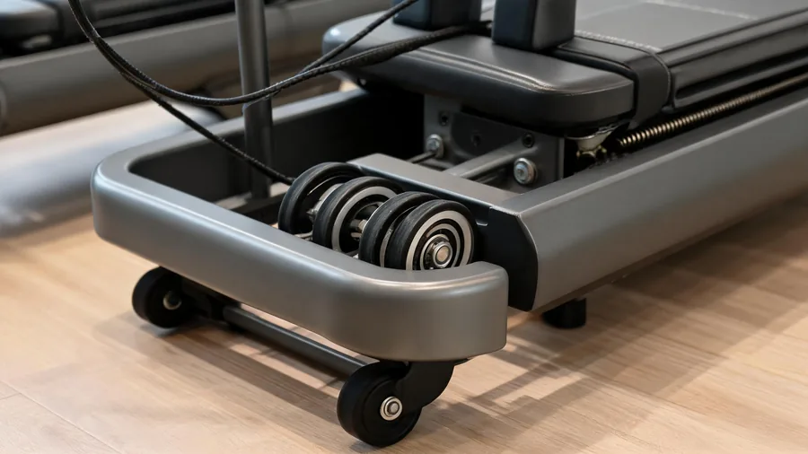 Heavy duty pilates reformers: what makes a reformer built for commercial use 1 Detail of a heavy-duty reformer roller bearing system and rail