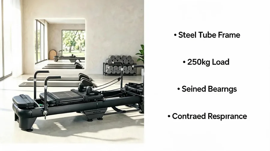 Heavy duty pilates reformers: what makes a reformer built for commercial use 2 Heavy duty pilates reformer infographic: steel tube frame, 250kg load, sealed bearings