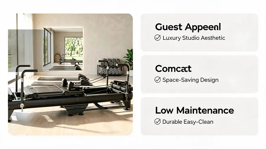 Pilates reformer for hotel fitness centers 2 Pilates reformer for hotels infographic: guest appeal, compact, low maintenance