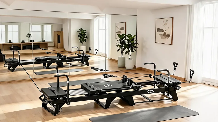 How many reformers guide cover with rows of C26 reformers in a commercial pilates studio