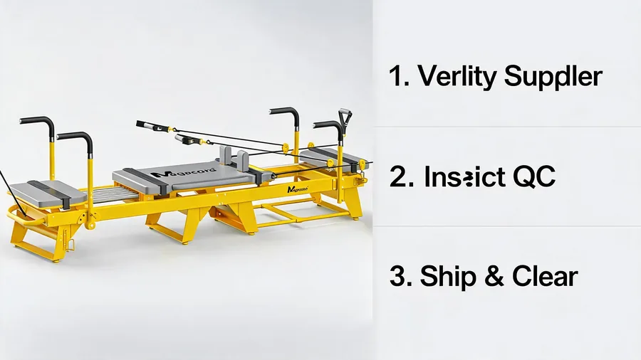 How to open a pilates studio abroad: importing reformers from china 2026 guide 2 Importing pilates reformers from china infographic with supplier, qc and shipping steps