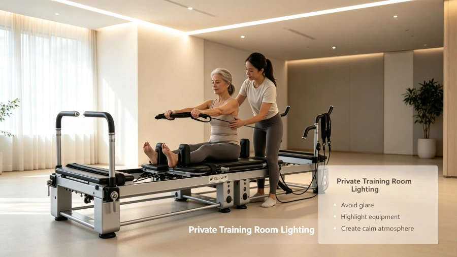 Pilates studio lighting guide 2 K11 reformer training area showing even overhead lighting, natural light and mirror reflection
