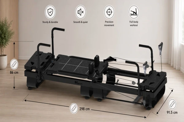 K38-pilates-reformer 6 `k34 black pilates reformer machine, smooth sliding platform, multi‑position foot straps, stable support frame, for core training and stretch training, studio fitness equipment`