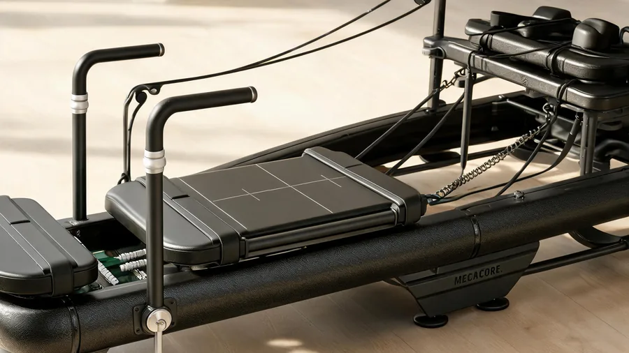 Why megacore is the best pilates reformer for studios 1 Detail of a heavy-duty steel reformer frame build