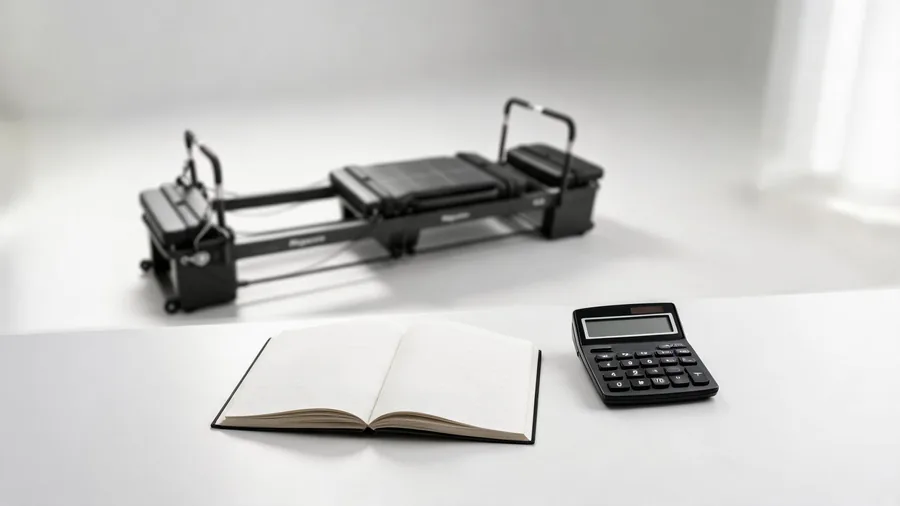 Lease vs buy a pilates reformer for your studio (2026 math) 1 Reformer equipment investment planning scene with a notebook and calculator