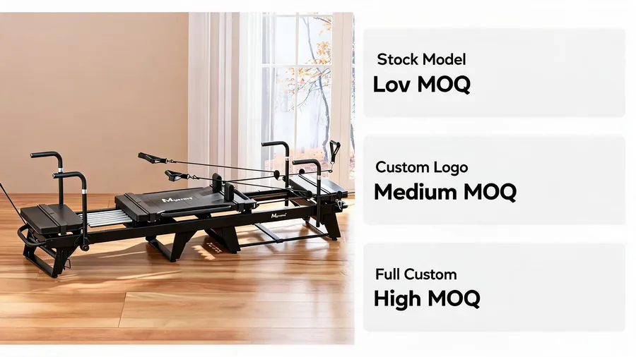Pilates reformer moq guide: minimum order quantities for oem private label brands 2 Pilates reformer moq infographic by customization level from stock model to full custom