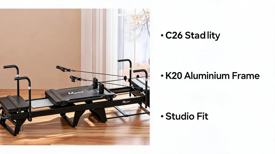 Megacore c26 vs k20: which reformer is best for studios? 2 Megacore c26 vs k20 infographic comparing stability, aluminium frame and studio fit