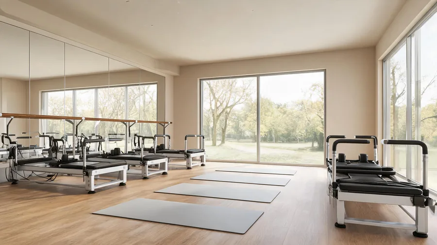 Mixed-use pilates studio: combining yoga, barre & reformer equipment 1 K11 reformer in a mixed-use studio layout with yoga mats and barre rail