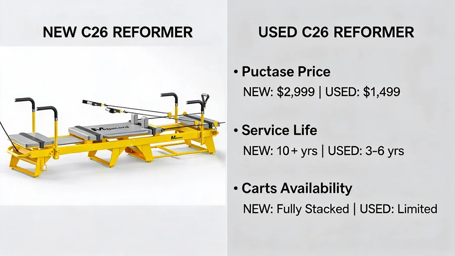 New vs used pilates reformers: what should a studio actually buy? 2 Infographic comparing new and used pilates reformer cost and service life