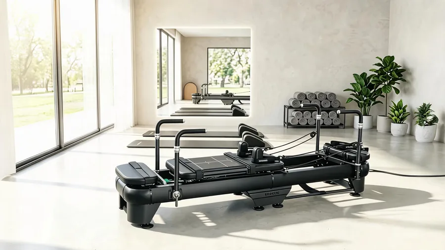 New heavy duty pilates reformer on a clean studio floor for a new versus used comparison