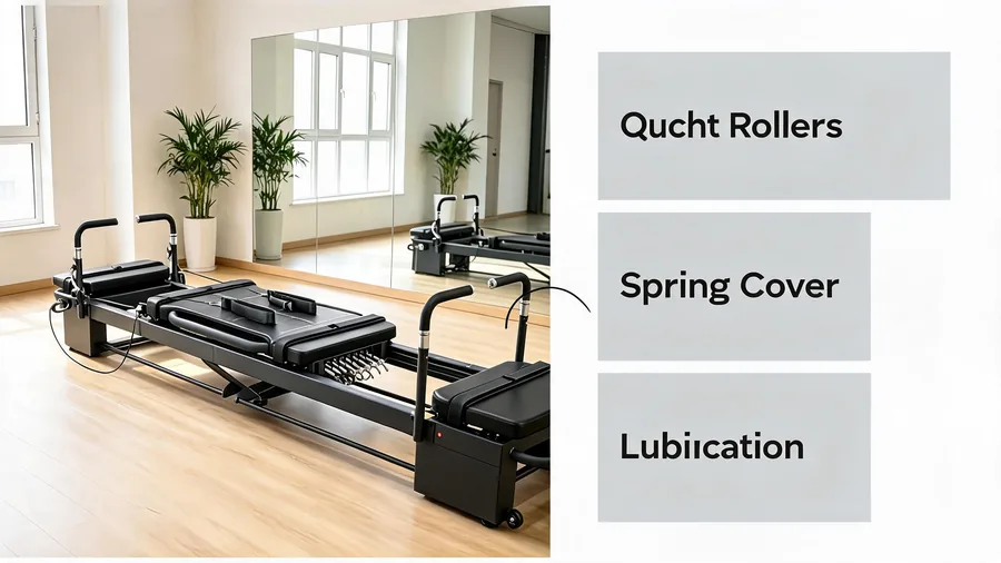 Pilates reformer noise levels: what’s normal and how to keep your studio quiet 2 Pilates reformer noise levels infographic: quiet rollers, spring cover, lubrication
