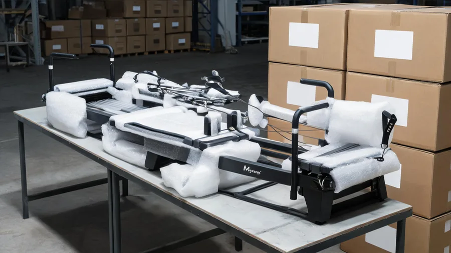 Pilates reformer moq guide: minimum order quantities for oem private label brands 1 Oem batch packing detail with cartons and foam-packed reformer components in a factory