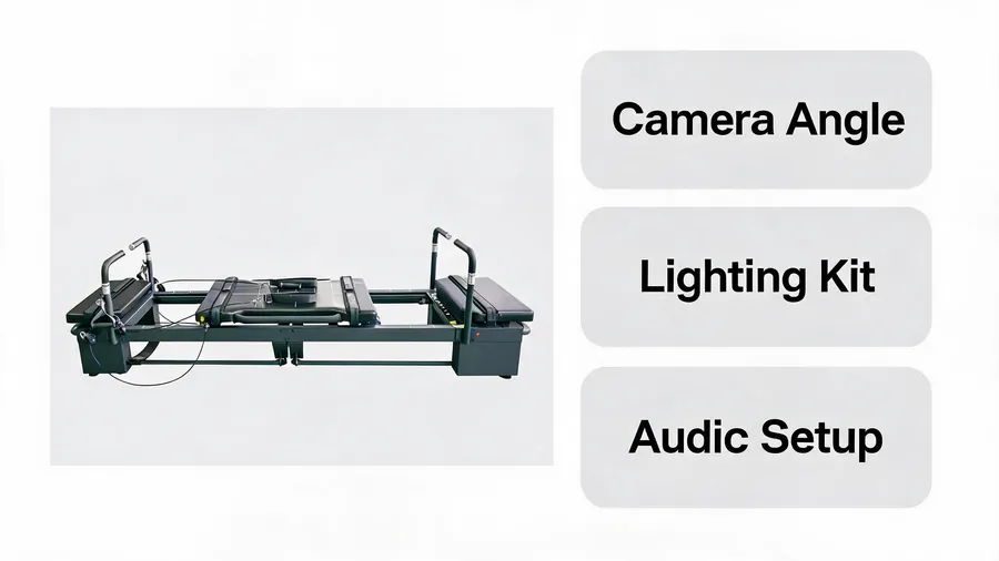Pilates reformer youtube setup: complete guide to filming studio classes 2 Infographic of a pilates reformer youtube studio layout covering camera angle, lighting kit and audio setup