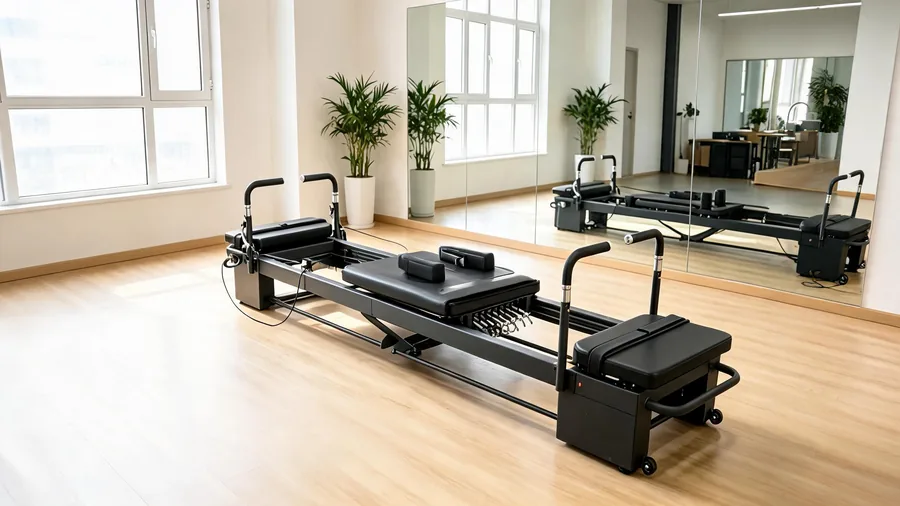 K30 reformer carriage mid-movement on its rails in a bright pilates studio